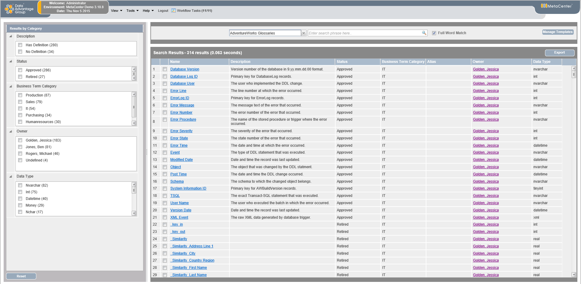 Search Glossary in MetaCenter metadata management solution